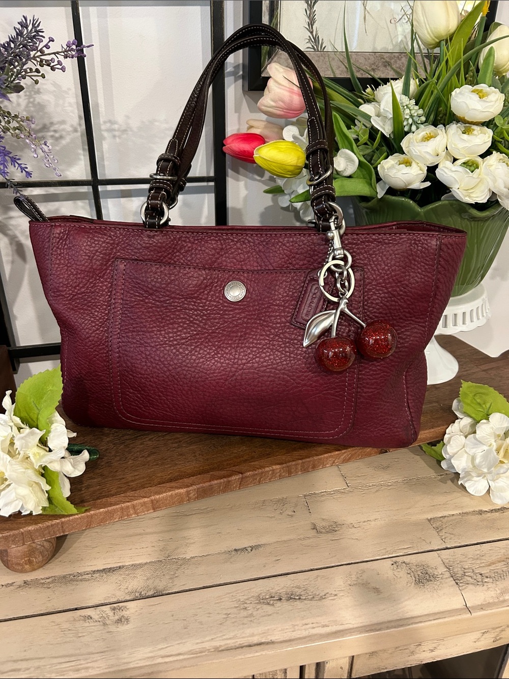 Coach Pebbled Leather Shoulder Bag in Burgundy with Cherry Charm